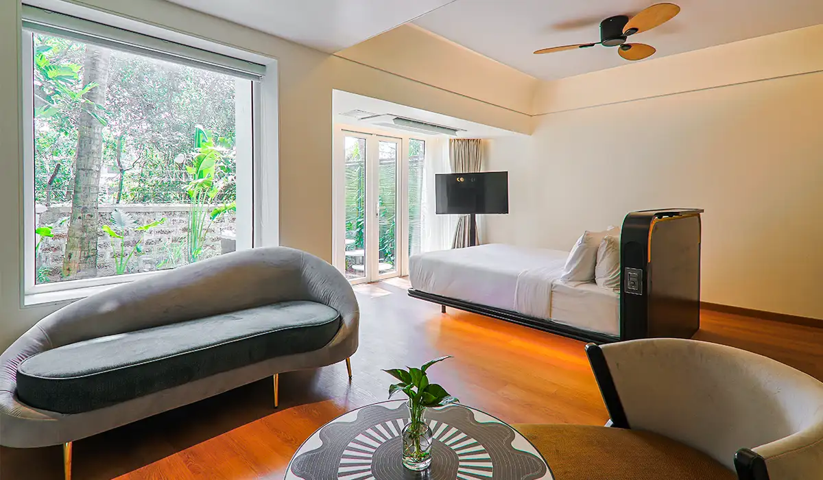 Modern luxury hotel room interior at a boutique hotel in Goa designed for couple stays